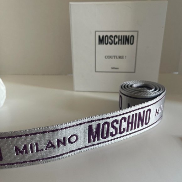 NWT Silver Moschino logo tape belt 30inch waist - Picture 3 of 7